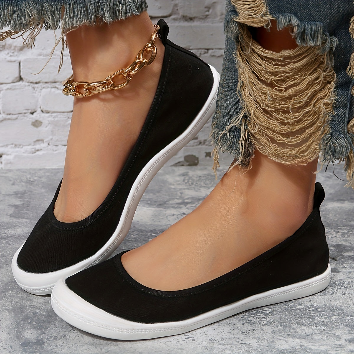 Women's Black Canvas Slip-On Flat Sneakers Outdoor Shoes