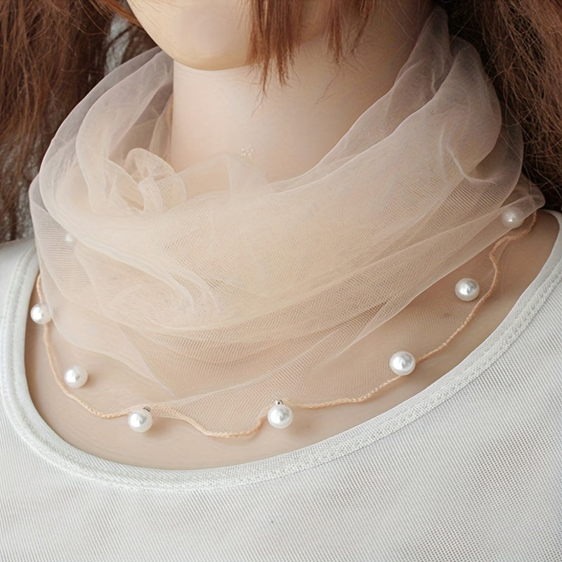 Faux Pearl Ruffle Scarf Gauze Neck Warmer Infinity Loop Scarf