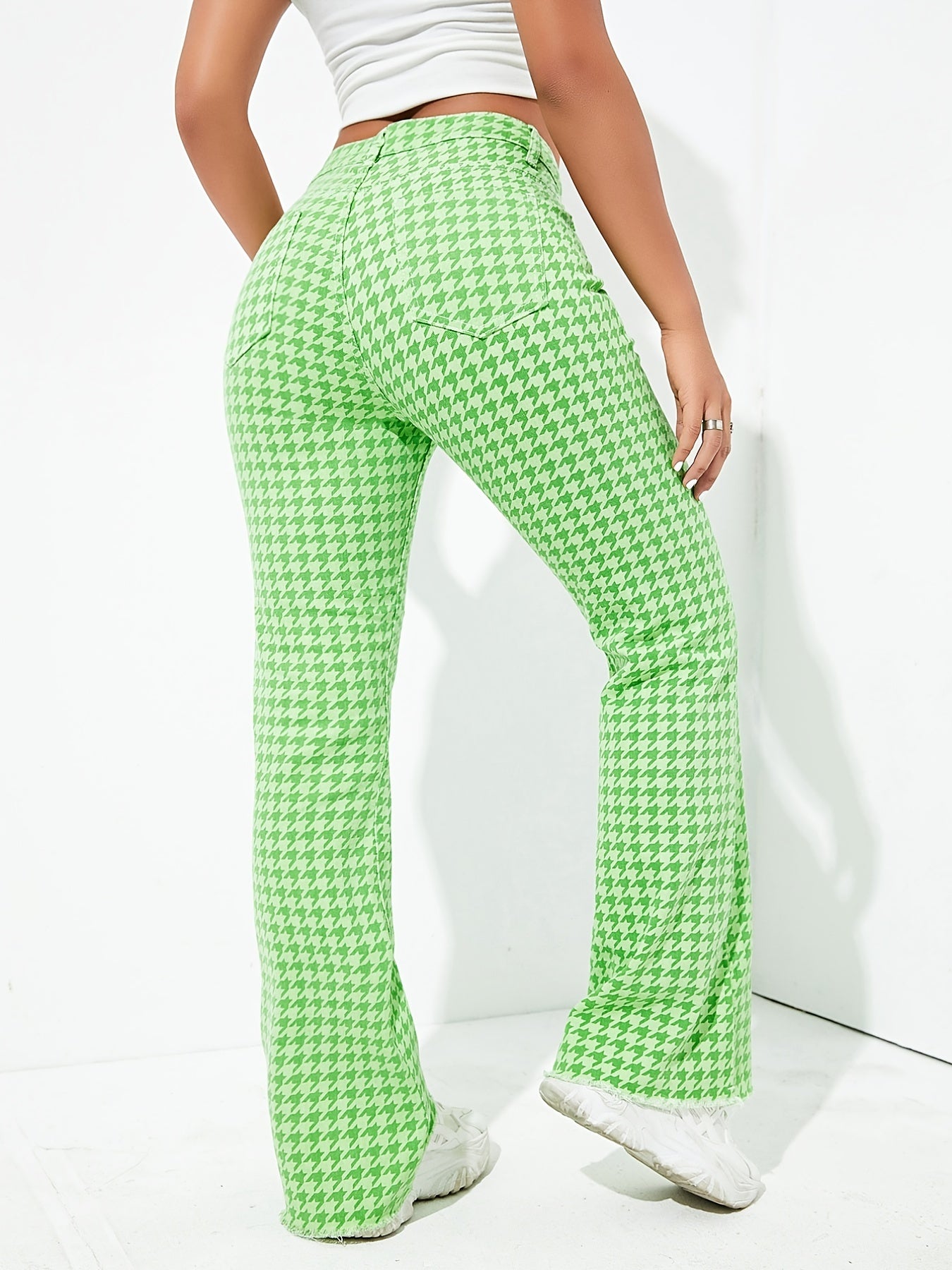 Green Houndstooth Bell Bottom Slim Fit High Waist Y2K Trousers Pants