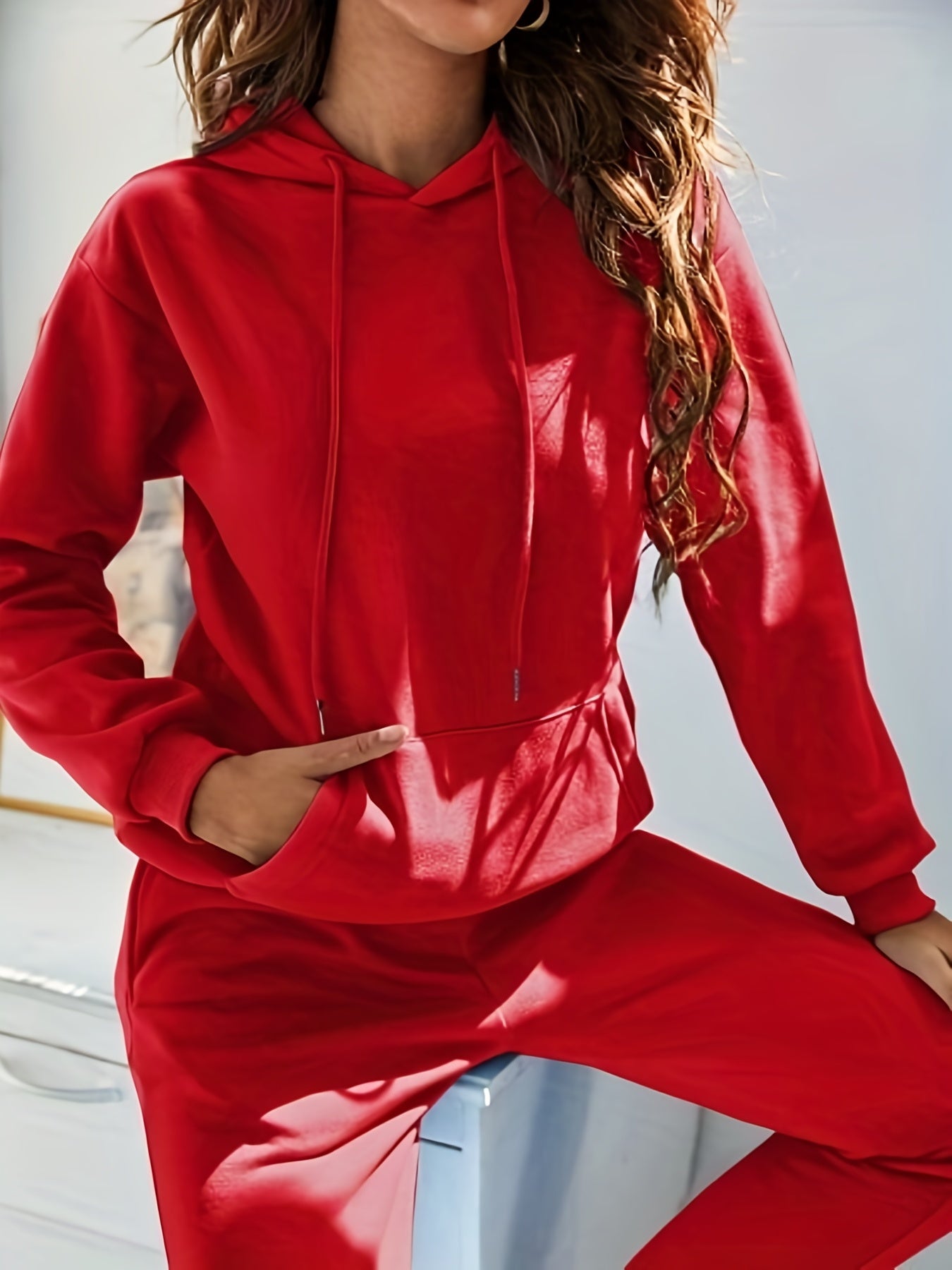 Casual Kangaroo Pocket Hoodie & Drawstring Pants Set Women's Outfit