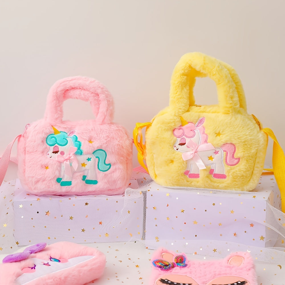 Girls Unicorn Embroidery Plush Handbag Shoulder Bag Messenger Bag