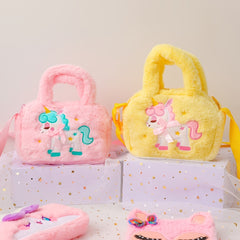Girls Unicorn Embroidery Plush Handbag Shoulder Bag Messenger Bag