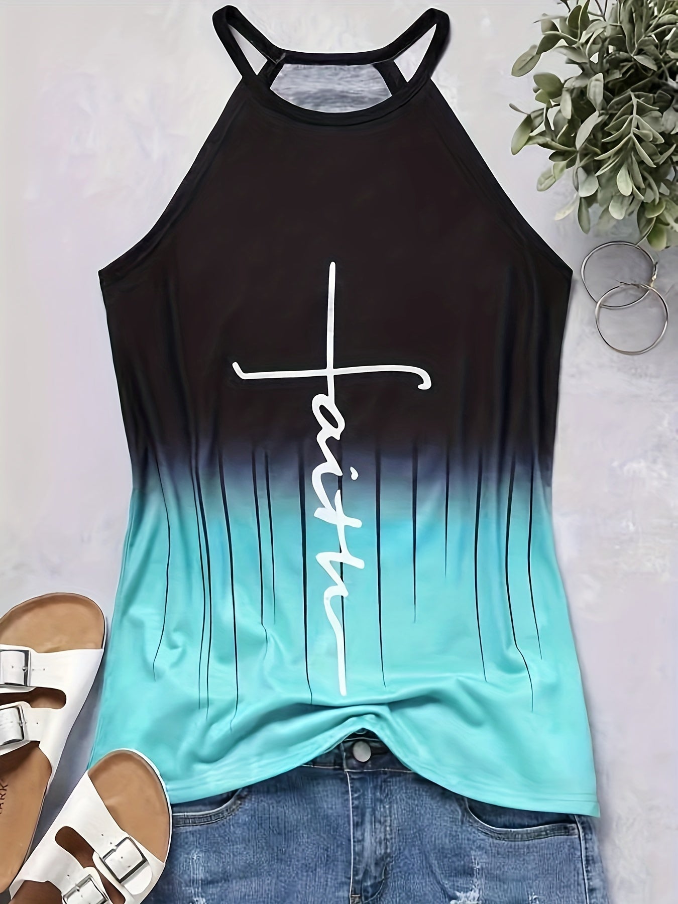 Faith Print Sleeveless Casual Top for Women