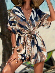 Graphic Print Romper Jumpsuit Tie Waist V neck Romper for Women