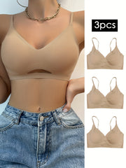 3pcs Seamless Solid Wireless Bras Comfy & Breathable Cut Out Bra