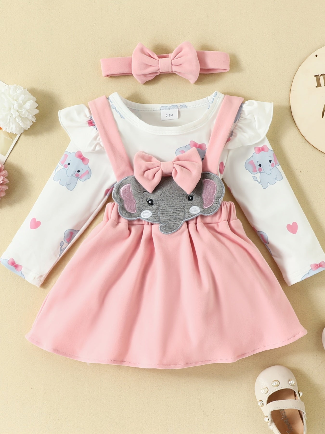 Baby Girls Elephant Romper & Skirt Set with Headband