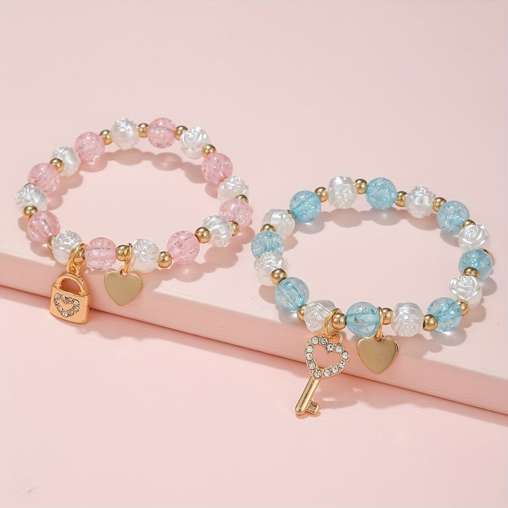 2PCS Children's Heart Pendant Bracelet Flower Beaded Elastic Accessory