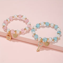 2PCS Children's Heart Pendant Bracelet Flower Beaded Elastic Accessory