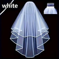 Double Layer Bridal Veil with Satin Ribbon and Hair Comb
