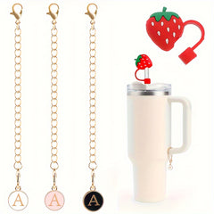 3pcs Initial Letter Chain Charm & 1pc Strawberry Straw Tip Cover for Water Cup