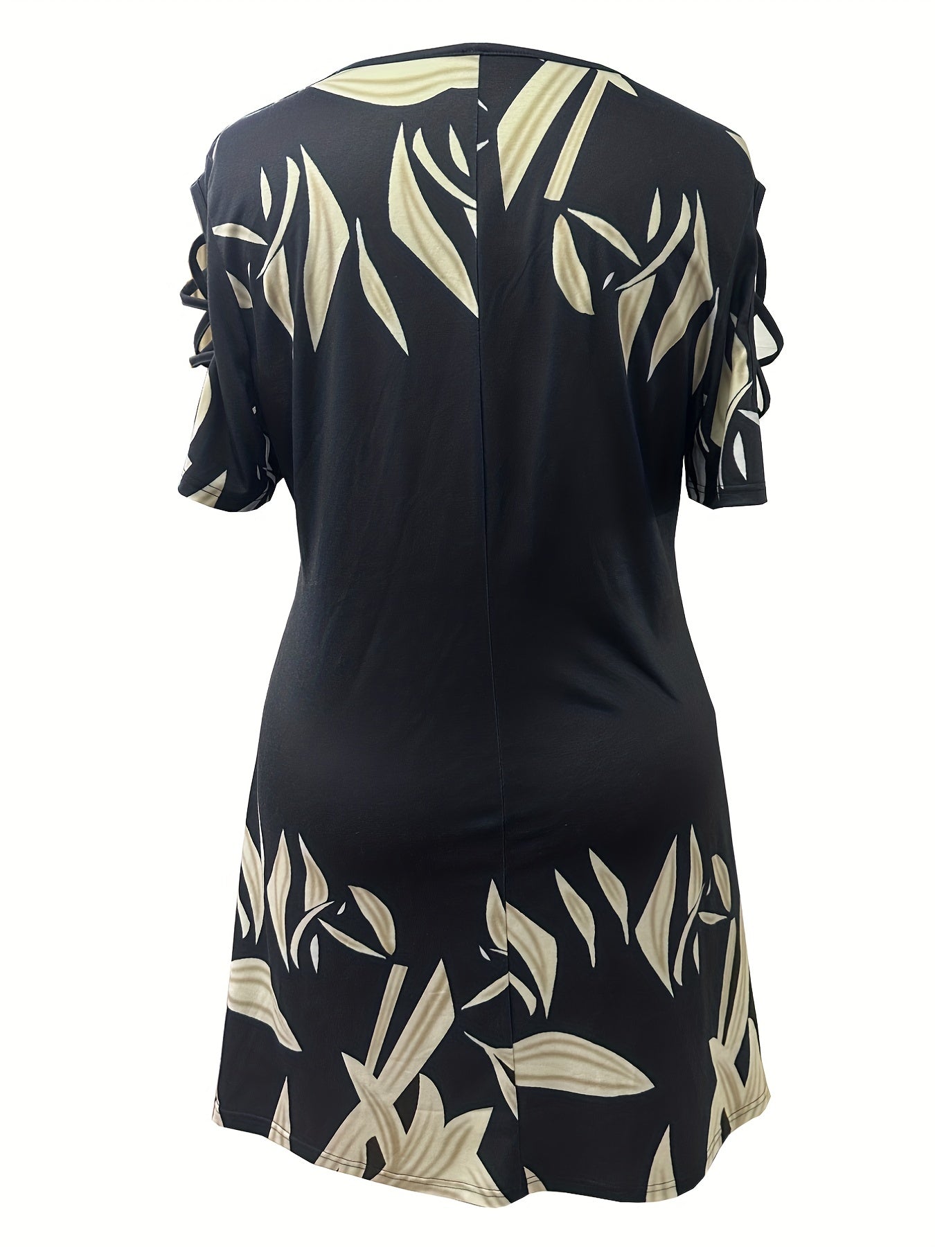 Women's Plus Leaf Print Ring Decor Round Neck Dress