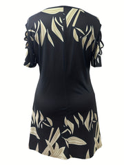 Women's Plus Leaf Print Ring Decor Round Neck Dress