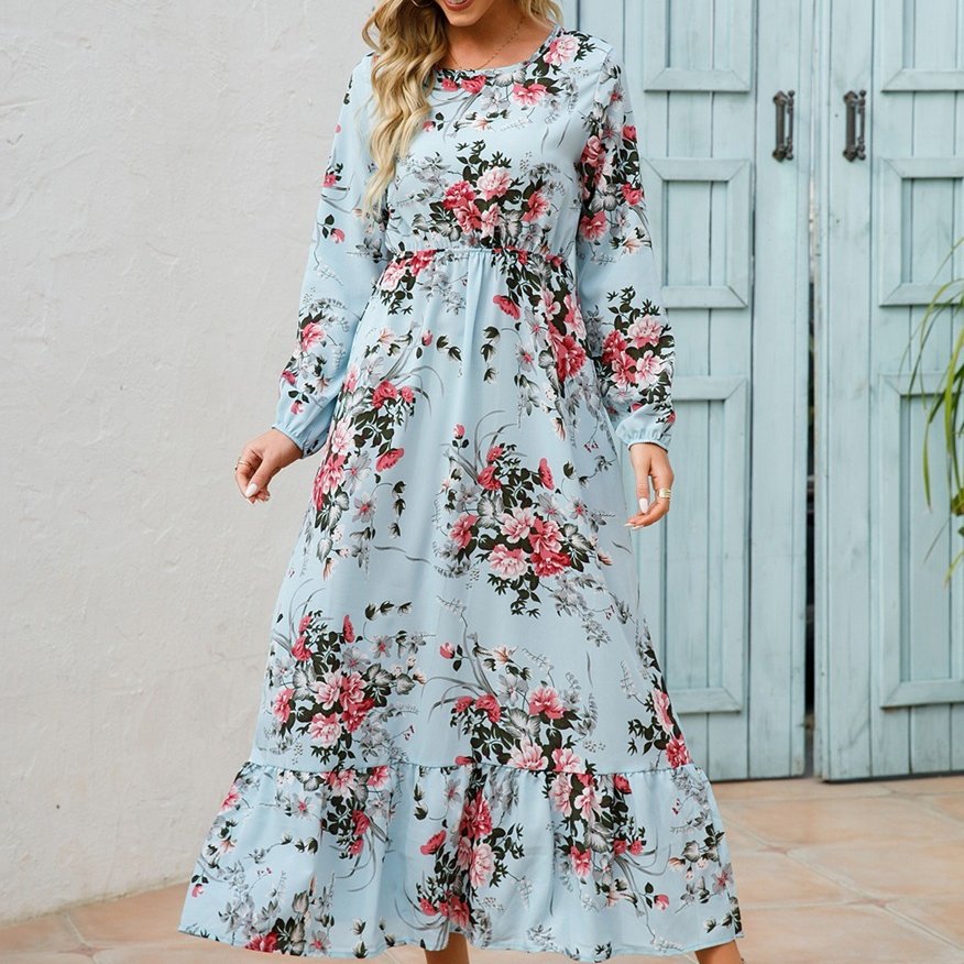 Floral Maxi Dress Long Sleeve Loose Crew Neck Casual Dress