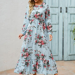 Floral Maxi Dress Long Sleeve Loose Crew Neck Casual Dress