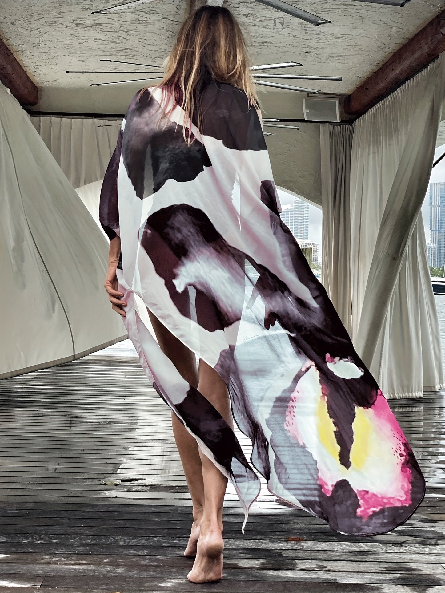 Floral Print V Neck Tie Front Beachwear Kimono Cover Up & Pants