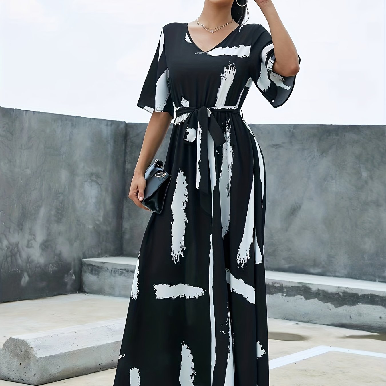 Flutter Sleeve Belted Maxi Dress for Women