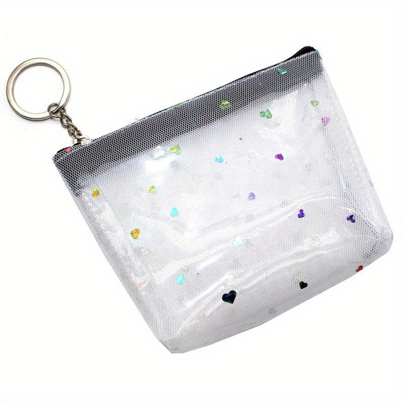 Clear Heart Decor Coin Purse With Keychain Mesh Cosmetic Bag Zipper Wallet
