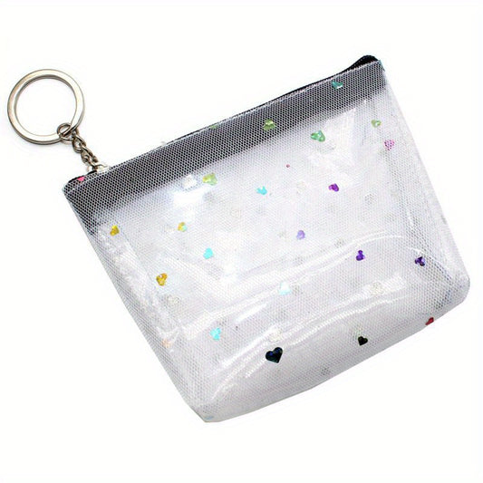 Clear Heart Decor Coin Purse With Keychain Mesh Cosmetic Bag Zipper Wallet