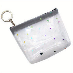 Clear Heart Decor Coin Purse With Keychain Mesh Cosmetic Bag Zipper Wallet