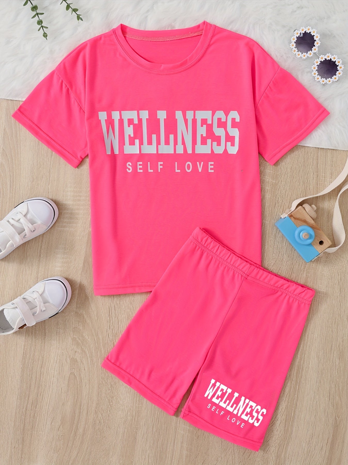 Girl's Casual Suit: Letter Print T-shirt & Bicycle Shorts