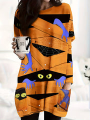 Monster Print Long Sleeve Dress with Pockets