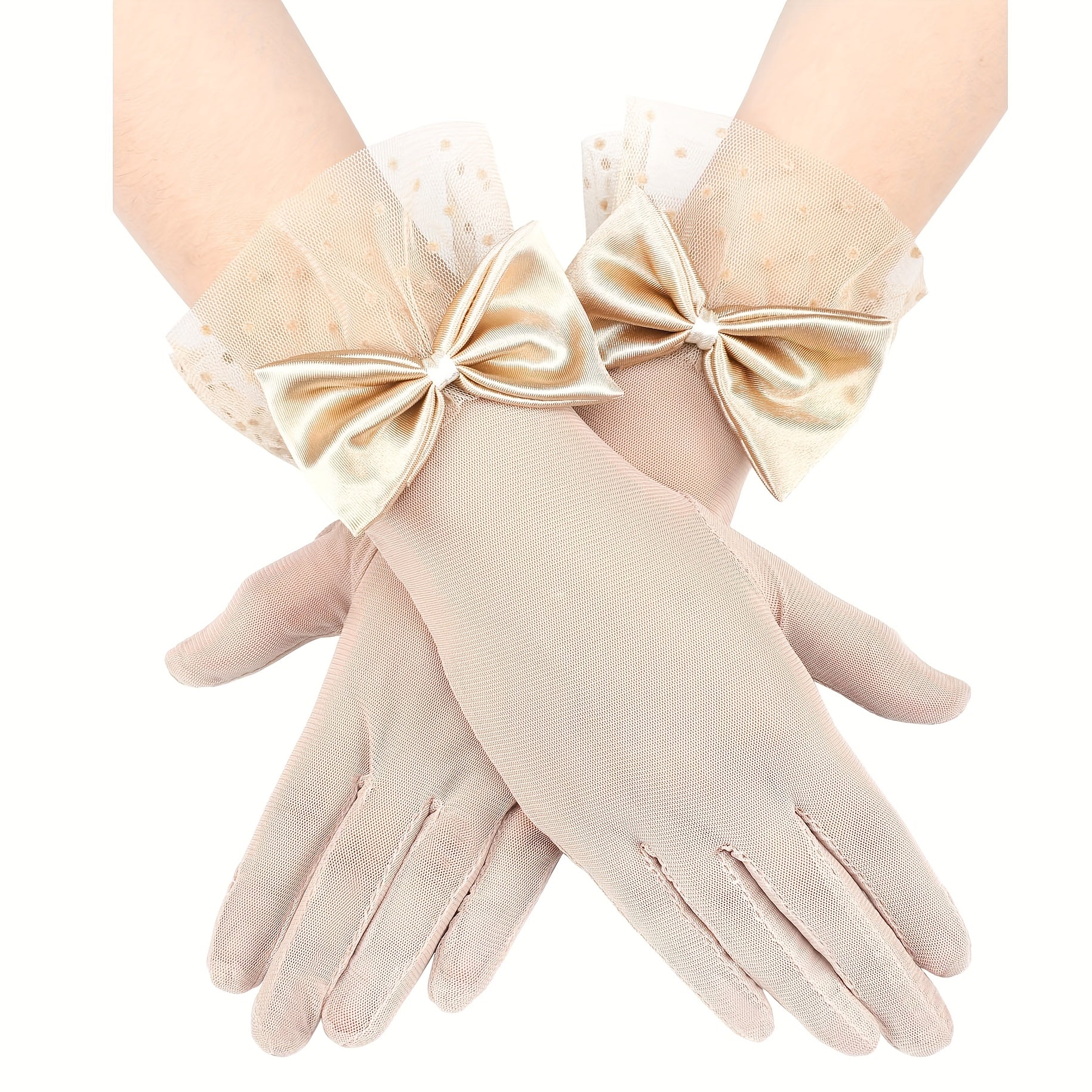Women's Lace Gloves with Bow Detail Sheer Short Mitten for Formal Events