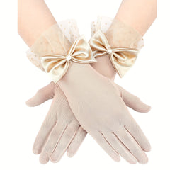 Women's Lace Gloves with Bow Detail Sheer Short Mitten for Formal Events