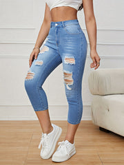 Ripped Holes Skinny Jeans Slim Fit Slash Pockets Slight Stretch