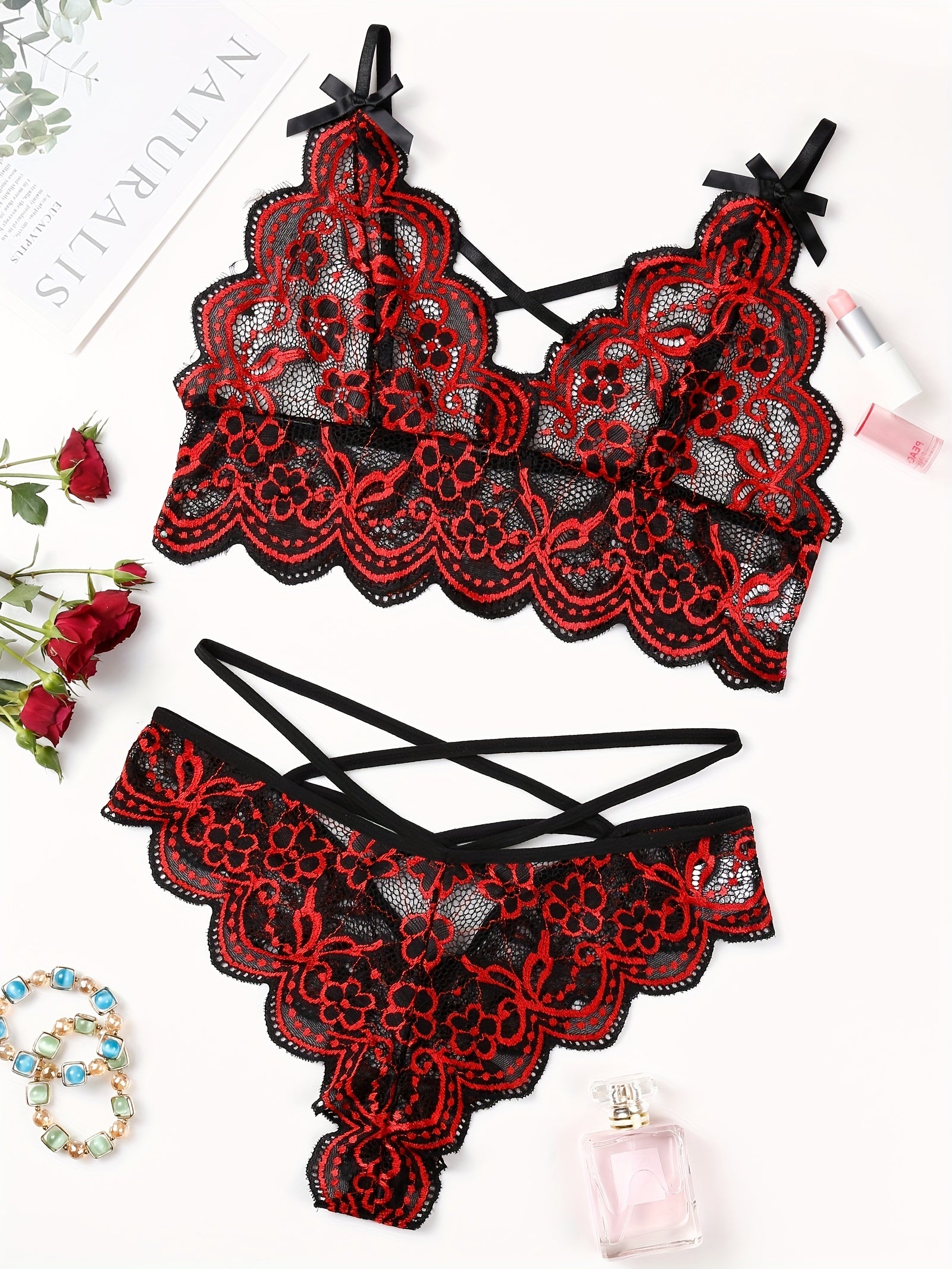 Floral Lace Lingerie Set - Sexy Bra & Cut Out Panties