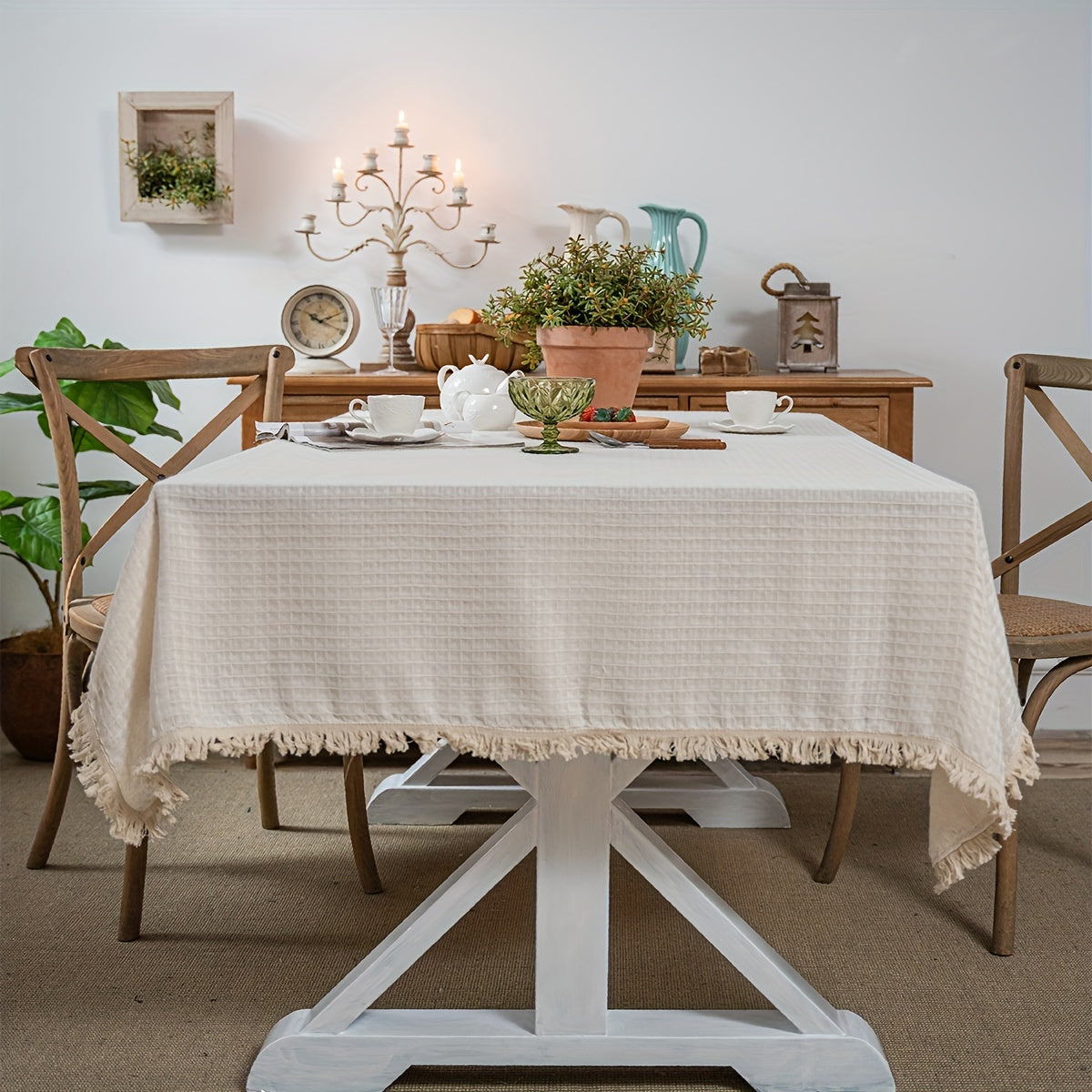 Beige Tassel Waffle Tablecloth Waterproof Rectangle Table Cover for Picnic