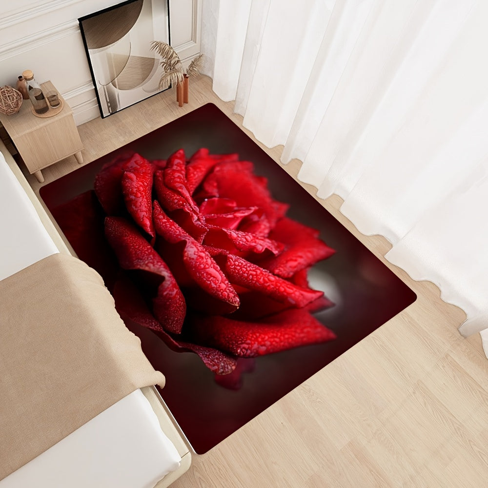 Red Rose Print Rug Abstract Stylish Bottom Carpet Washable Rectangular Carpet