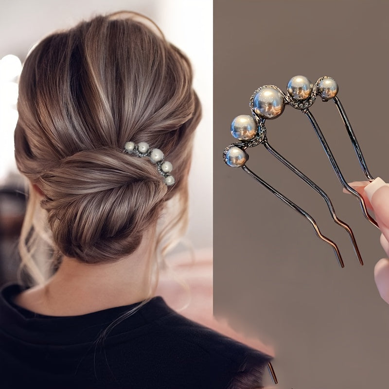 Vintage Bun Maker Hair Stick Pearl Embellished Alloy French Twist Hair Fork