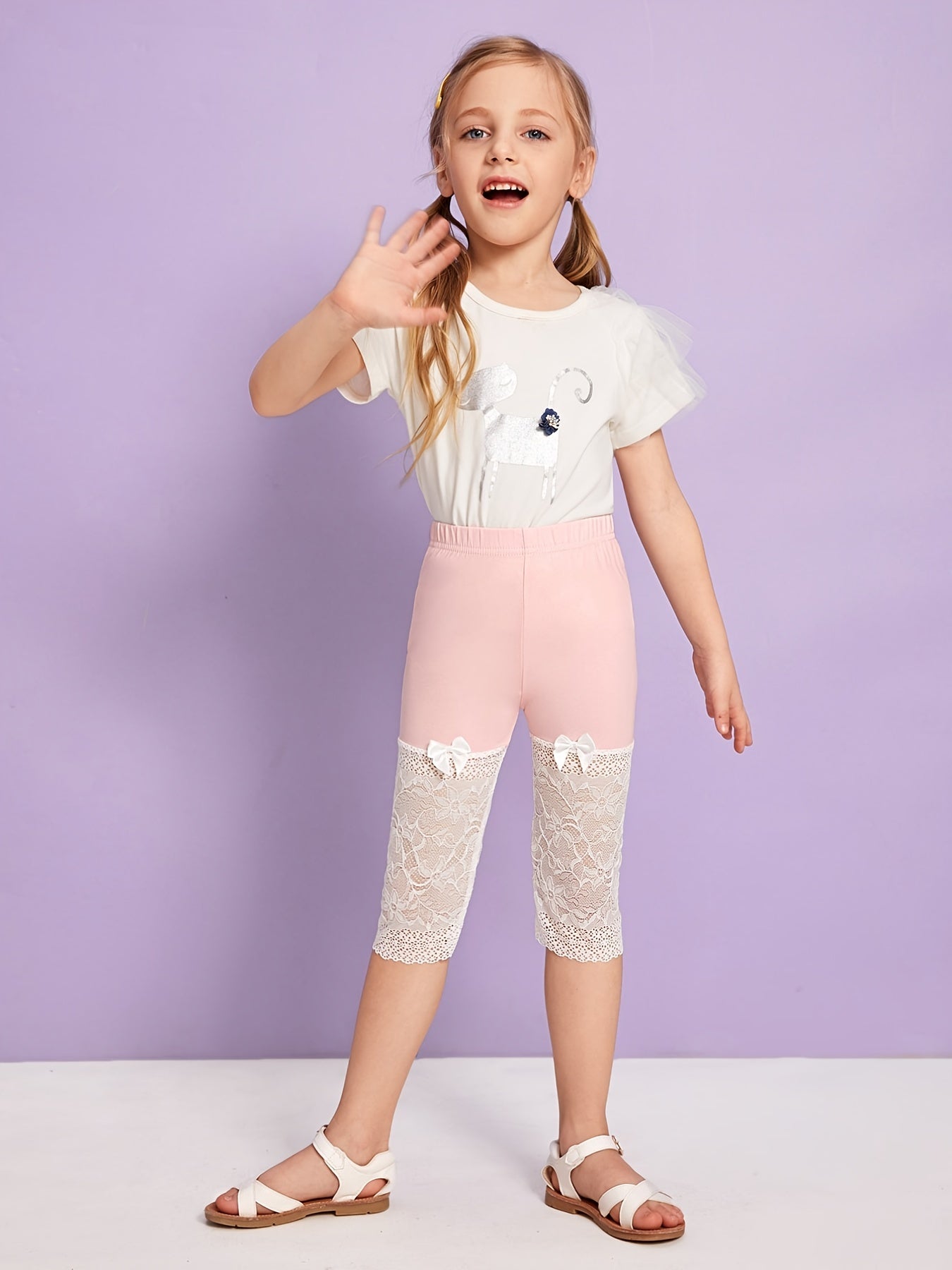Girls Stretch Cotton Leggings Lace Splicing Cropped Pants