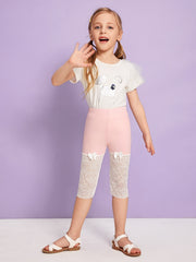Girls Stretch Cotton Leggings Lace Splicing Cropped Pants