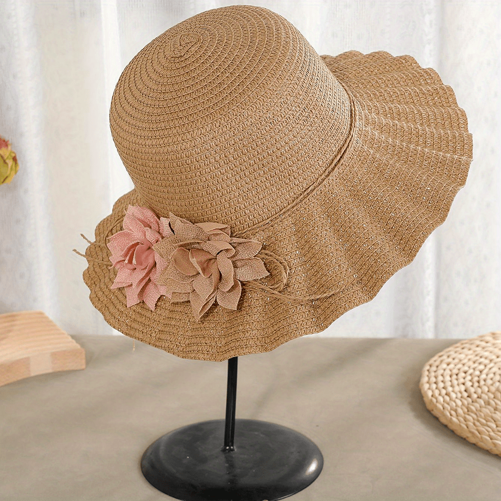 Flower Decor Ruffles Sun Hat Solid UV Protection Straw Hats