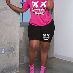 Women's Plus Funny Face Print Two Piece Set