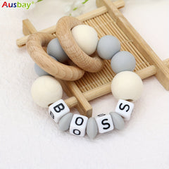 Personalized Wooden Teether Ring with Silicone Beads