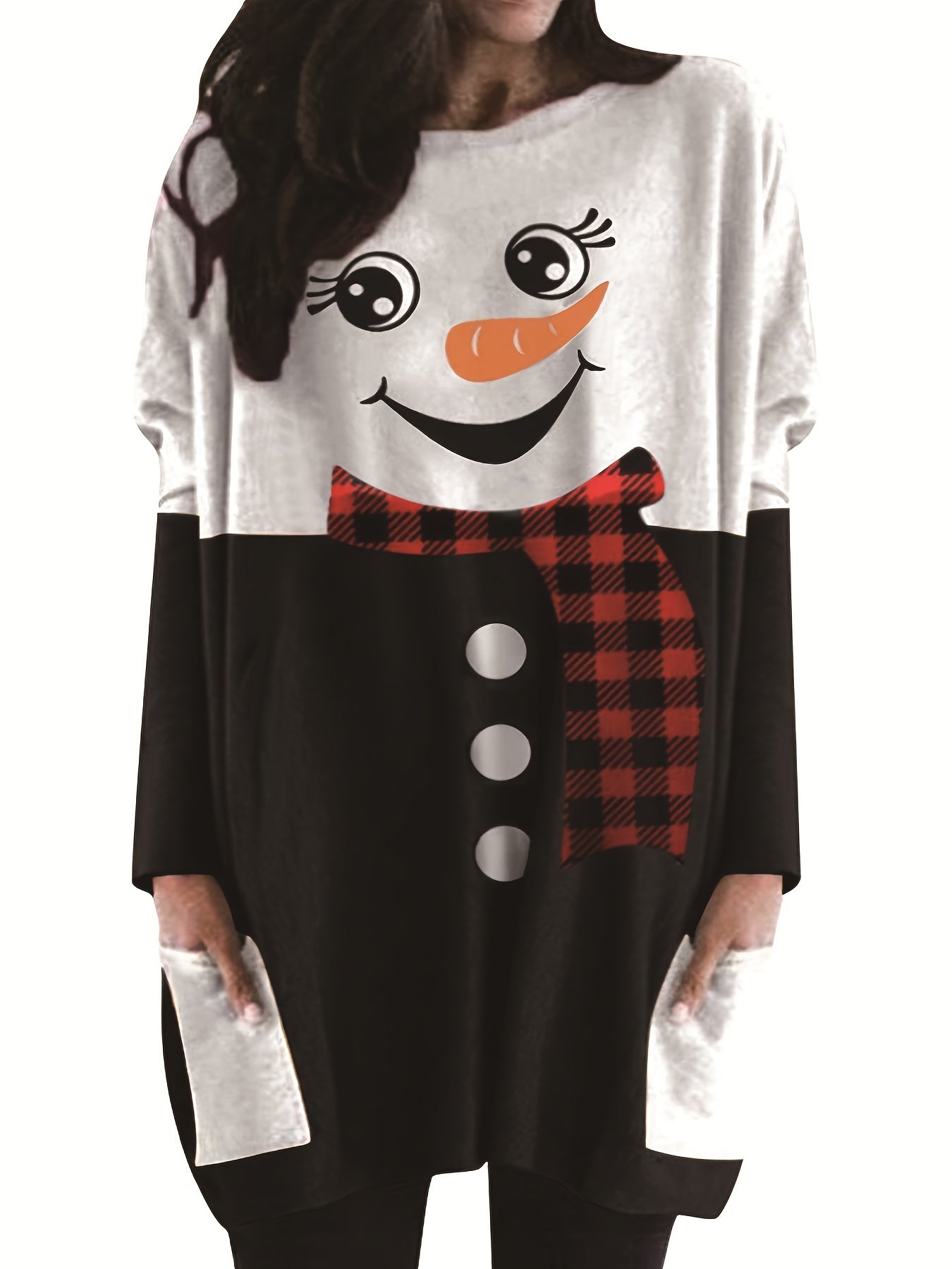 Women's Plus Snowman Print Long Sleeve Tunic Top With Pockets
