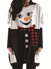 Women's Plus Snowman Print Long Sleeve Tunic Top With Pockets