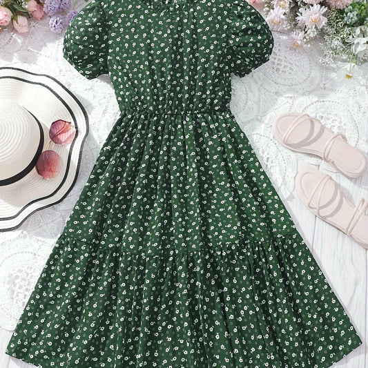Big Girls Floral Polka Dot Casual Dress Frill Collar Short Sleejson