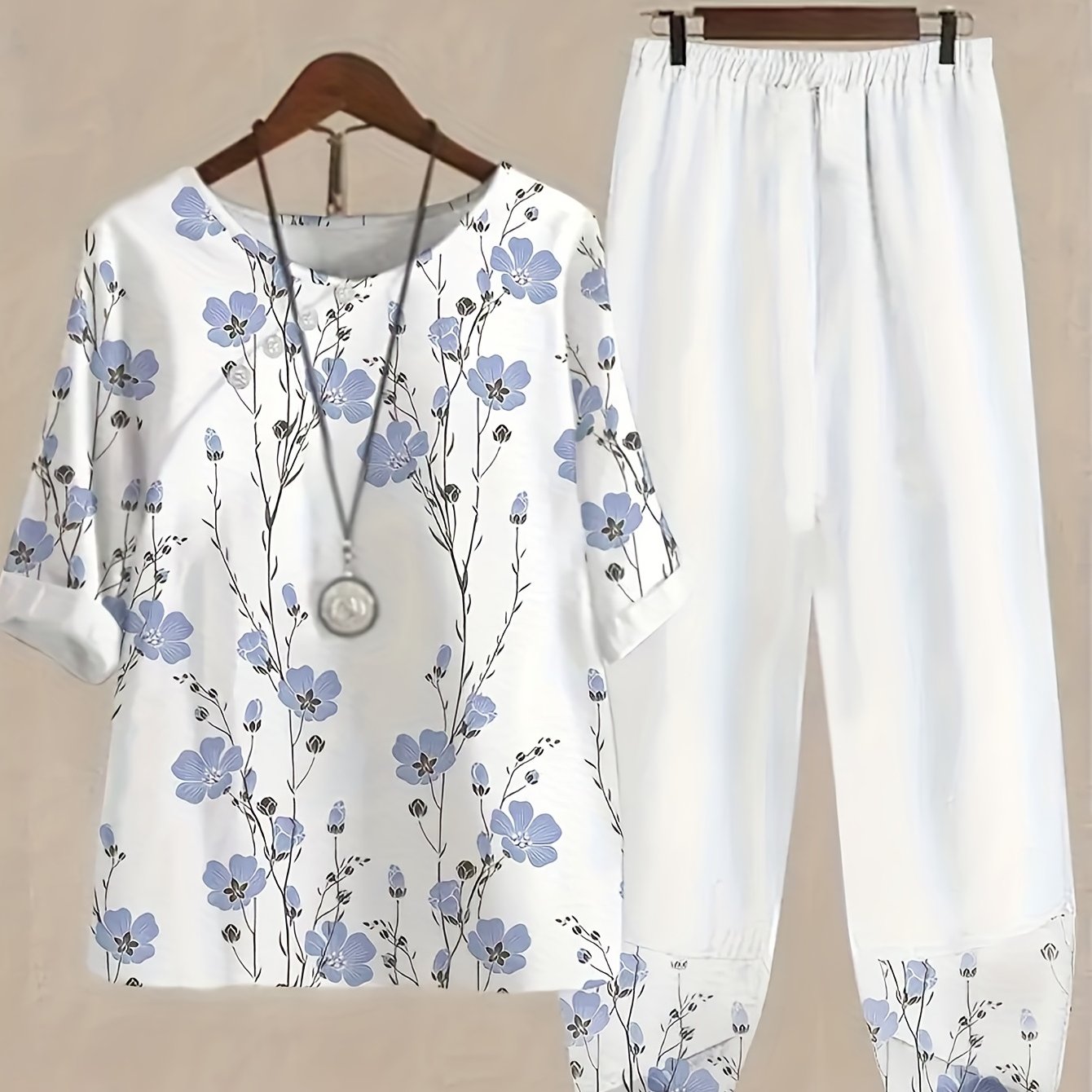 Floral Print 2pc Set Crew Neck 3/4 Sleeve Tops & Elastic Waist Pant