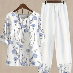 Floral Print 2pc Set Crew Neck 3/4 Sleeve Tops & Elastic Waist Pant