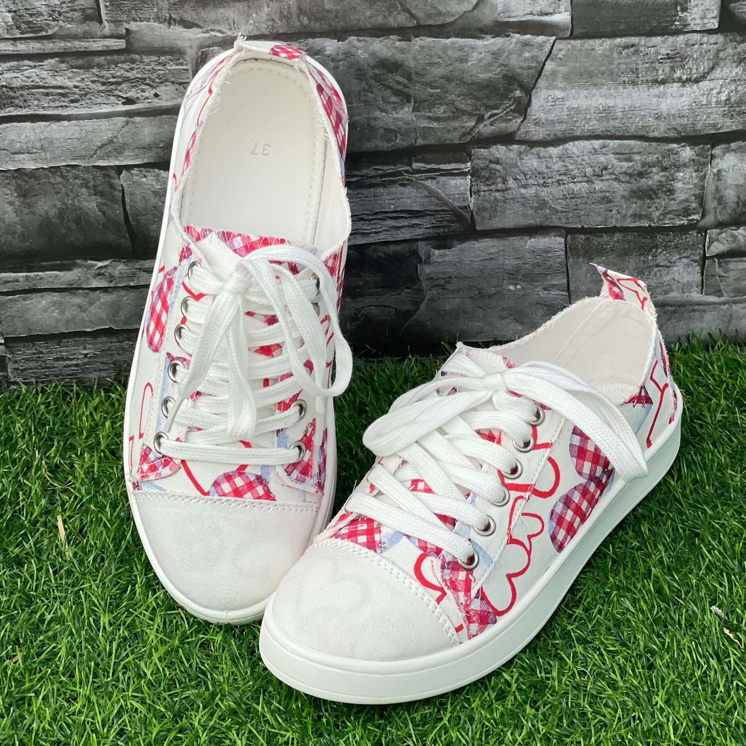 Pink Plaid Love Heart Pattern Flat Shoes Women's Casual Shoes