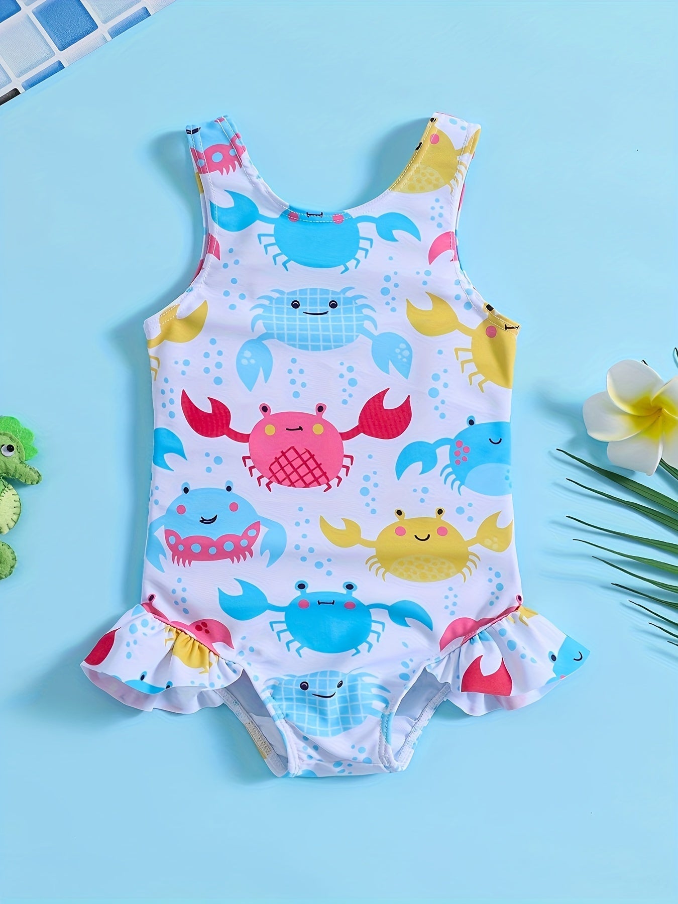 Sweet Crab Ruffle Trim 1pc Swimsuit Girls Bathing Suit Summer Beach Gift