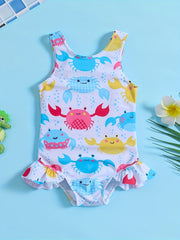 Sweet Crab Ruffle Trim 1pc Swimsuit Girls Bathing Suit Summer Beach Gift
