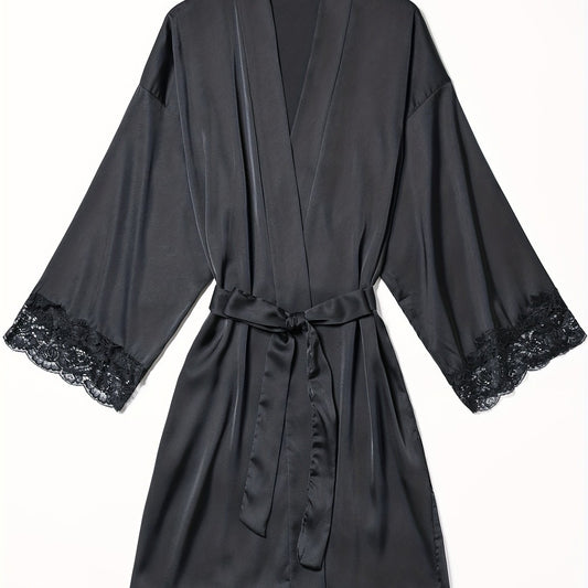 Satin Lounge Robe with Lace Trim V-Neck Long Sleeve Belted Women's Loungewear