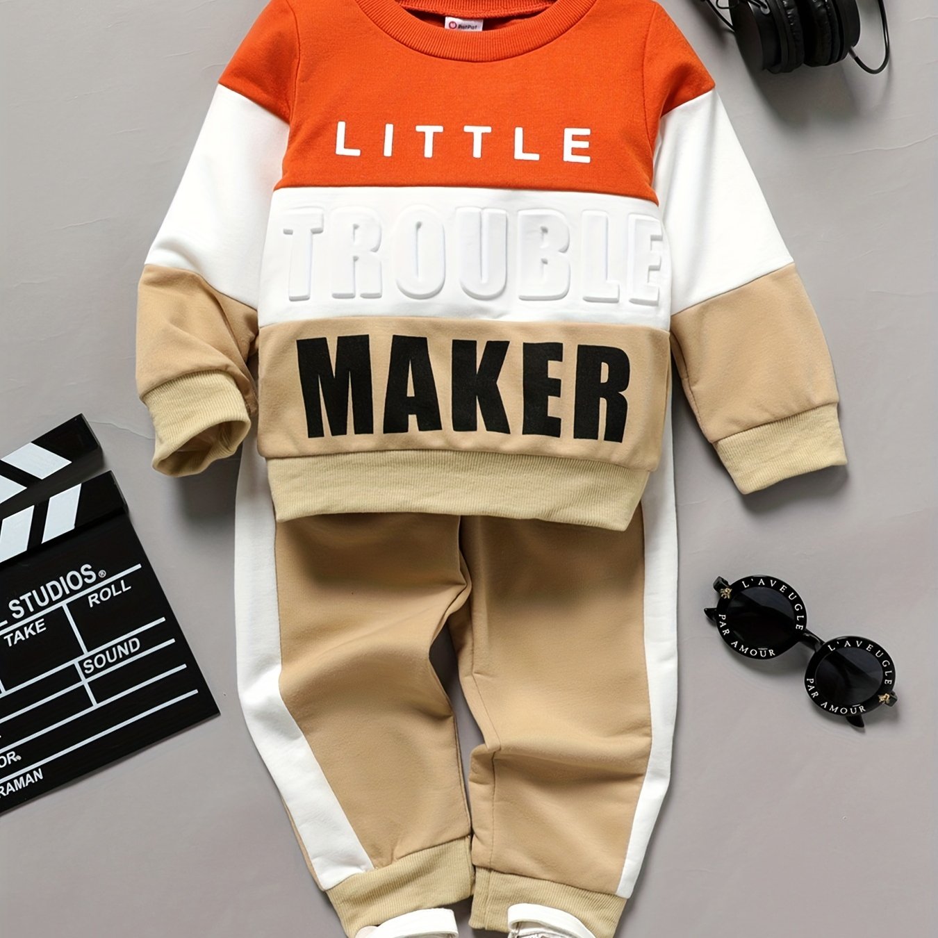 Boy 2pcs Sweatshirt & Pants LITTLE TROUBLE MAKER Print Crew Neck Long Sleeve