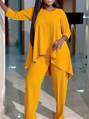 Solid Long Sleeve Round Neck Tunic Top & Pants Outfit Set