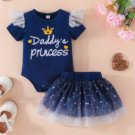 2pcs Baby Girls Casual Flying Short Sleeve Onesie Mesh Skirt