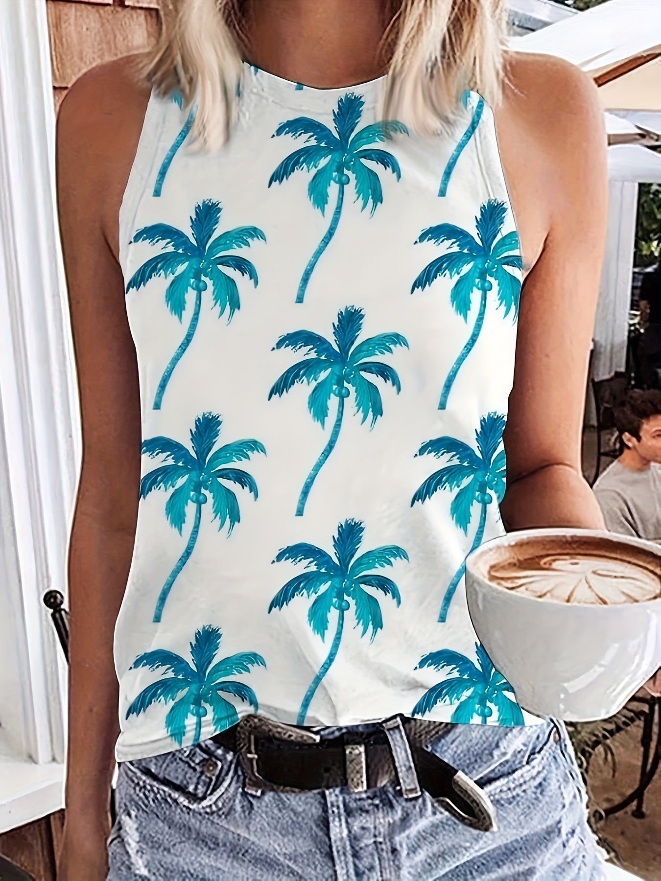Coconut Tree Print Round Neck Plus Tank Top